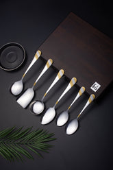 FnS Imperio Stainless Steel 24 Karat Gold Plated Serving Spoon Set of 6 with Leatherette Box